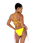 Back view of Bikini Flavors model wearing Reversible Cross Back Top and American Bottoms in Strawberry Sunrise. Lemon yellow reverses to pink. American made.