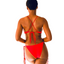 Back view of bikini model wearing Bikini Flavors reversible Cross-Back top and American bikini bottoms in Cherry Crush. Red reverses to Orange. Braided ties sold separately.