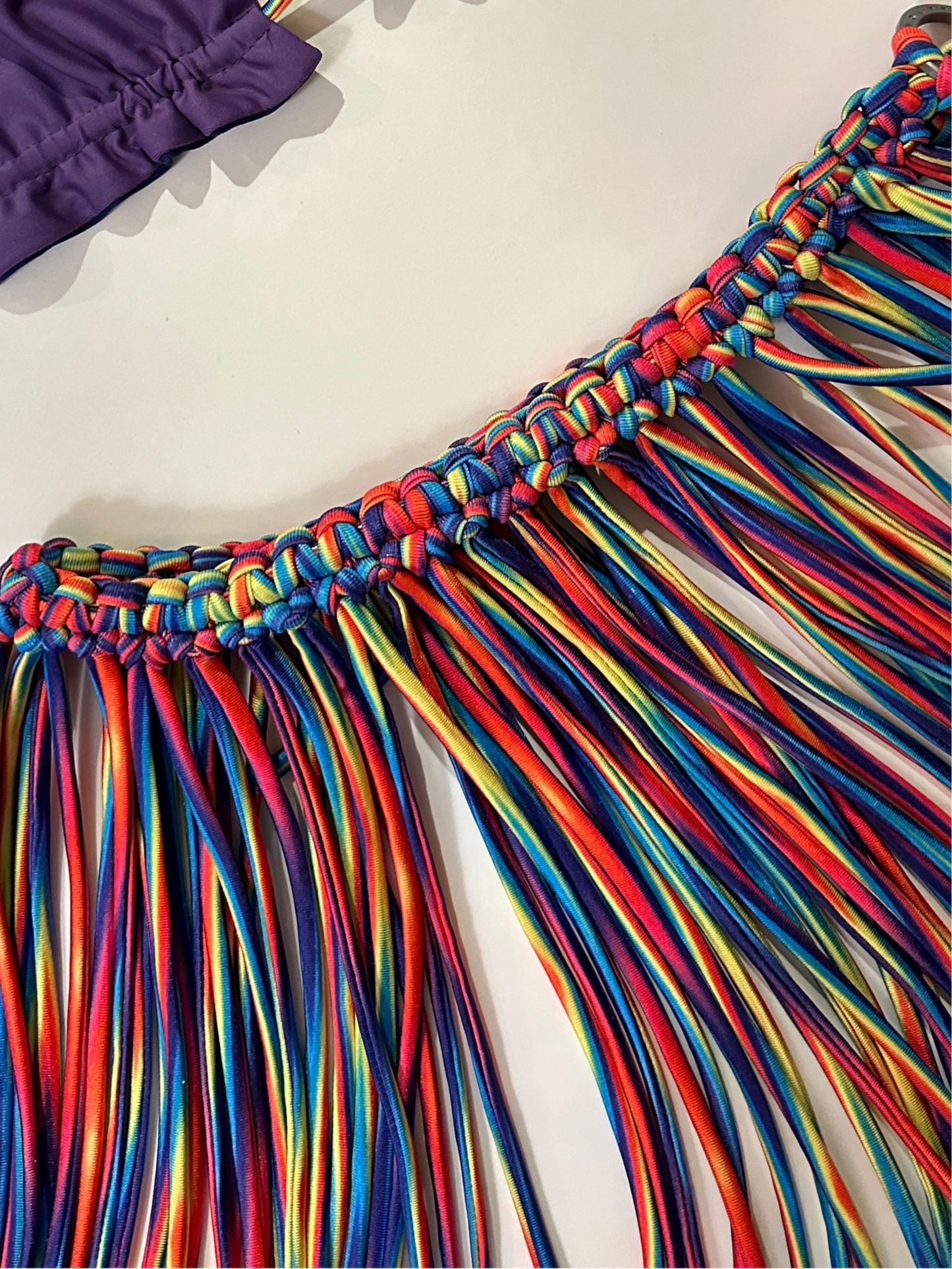 Hand made rainbow fringe skirt by Bikini Flavors.  Part of Eye Candy Collection. 