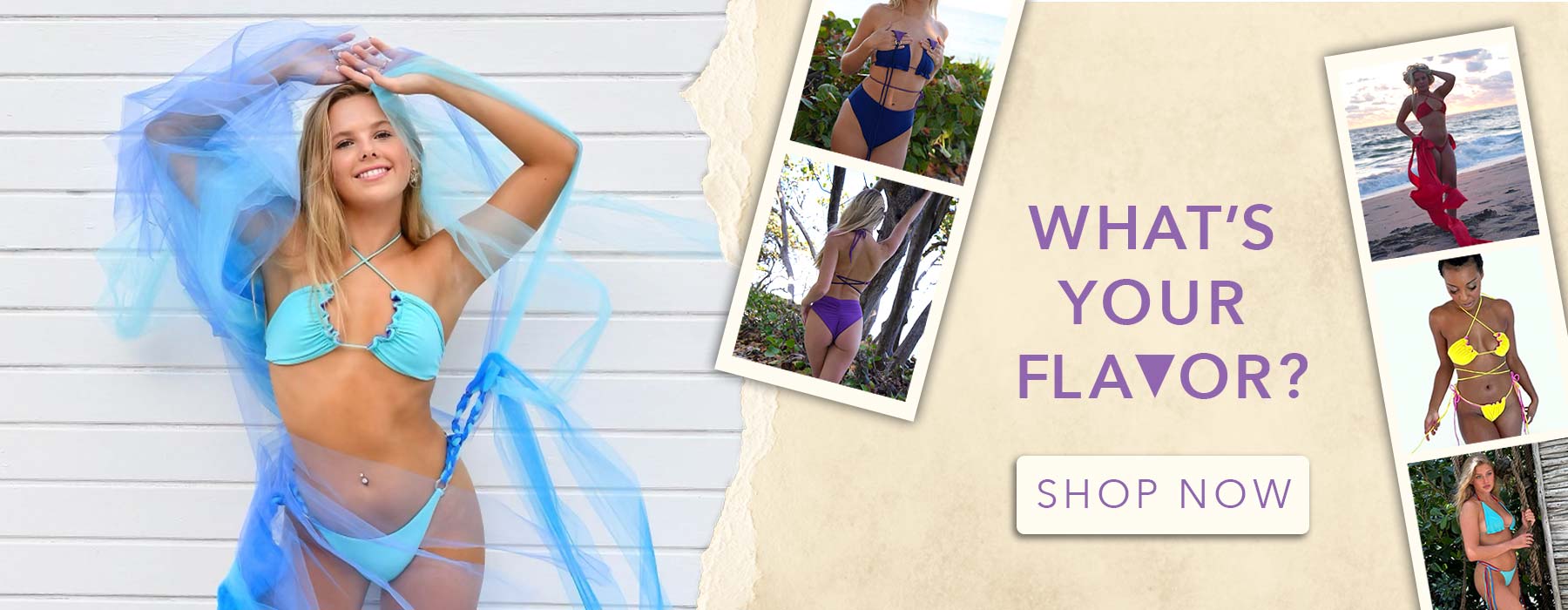 Bikini Flavors landing page with custom bikinis and models in colorful swimsuits
