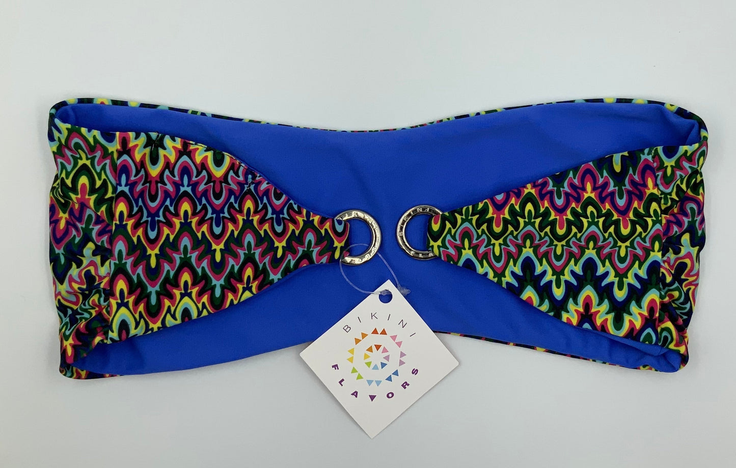 Blue Sapphire Reversible Bandeau Bikini Top by Bikini Flavors.  Periwinkle Blue reverses to colorful print,  Mix and match with Berry Breeze.  American Made. 