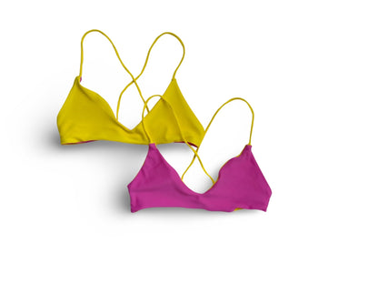 Strawberry Sunrise Reversible Cross-Back Top by Bikini Flavors. Yellow reverses to pink. American made.