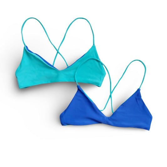 Berry Breeze Reversible Cross-Back Top by Bikini Flavors. Aqua reverses to periwinkle blue. American made.