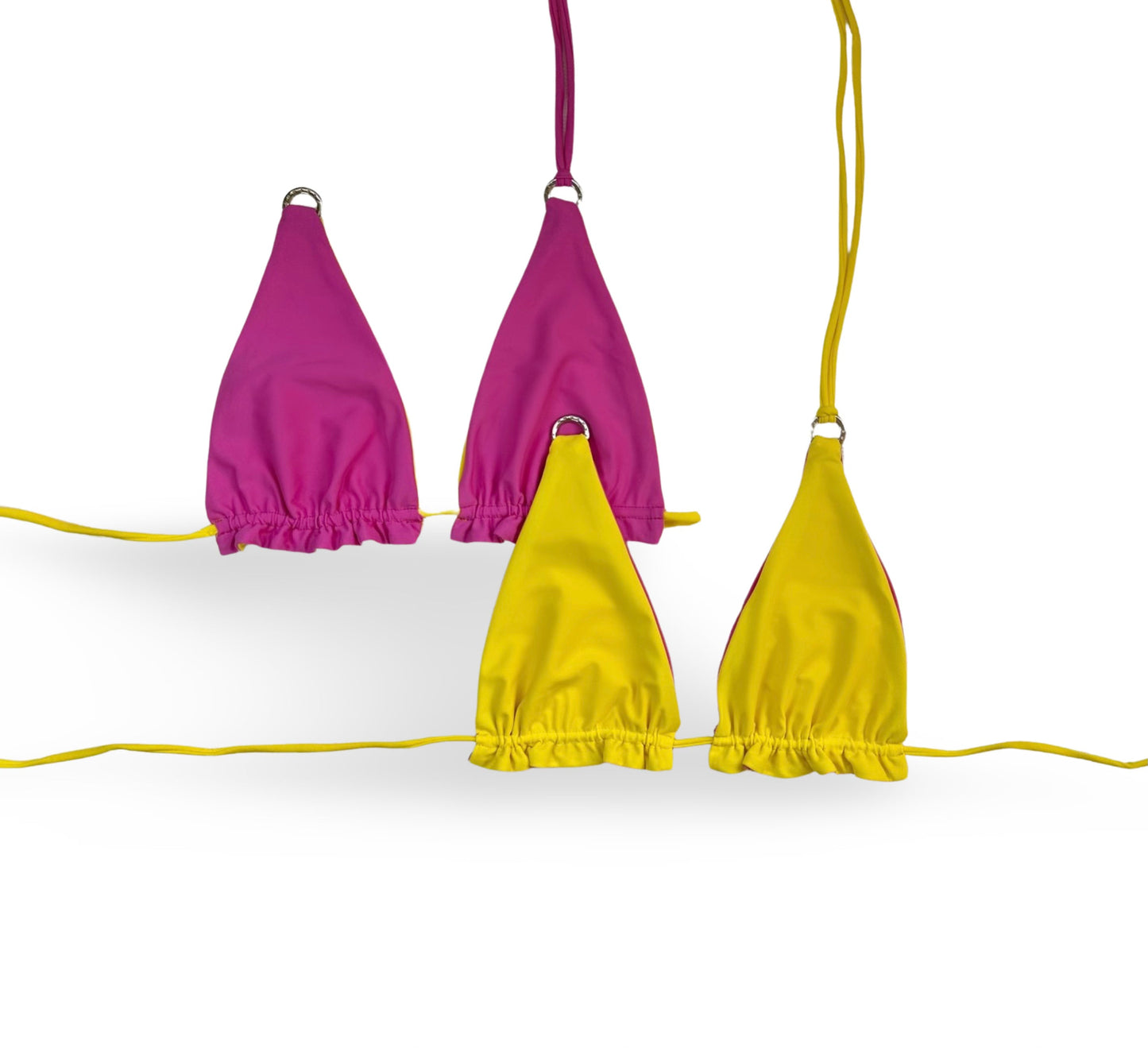 Berry Breeze reversible ruffled triangle top.  Pink reverses to yellow. Interchangeable strings. American made.