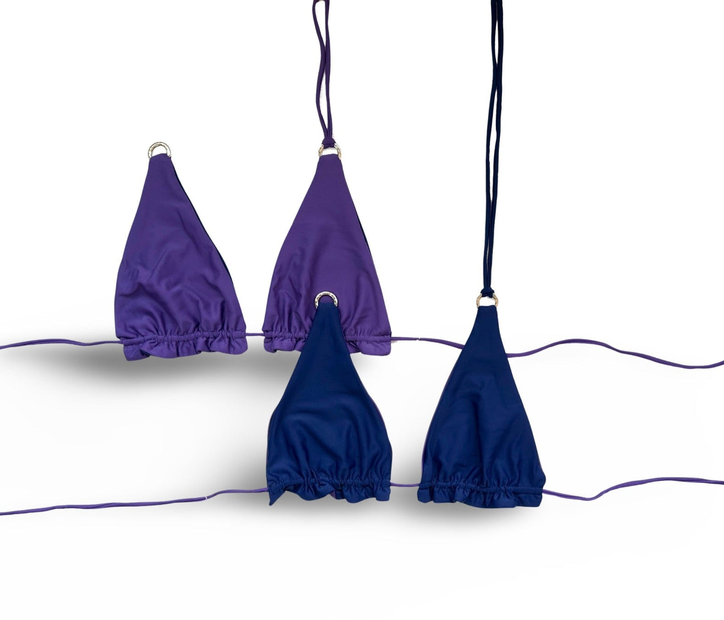Berry Breeze reversible ruffled triangle top. Purple reverses to navy. Interchangeable ties. American made.