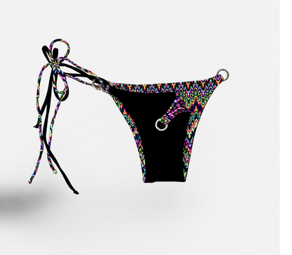 Reversible Brazilian bikini bottom in Black Sapphire by Bikini Flavors.  Black reverses to colorful print. Interchangeable ties, signature hardware.  American Made. 