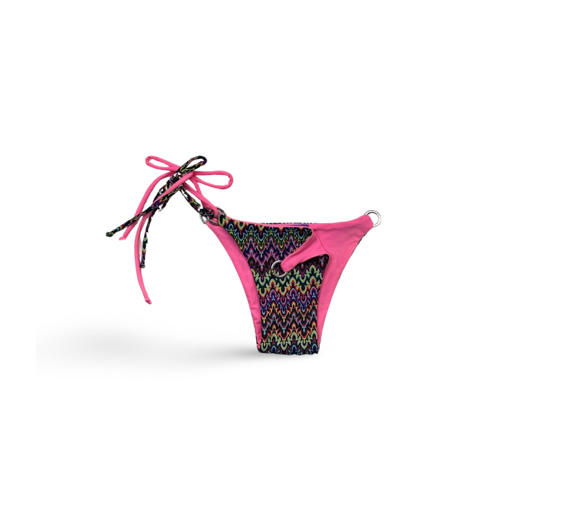 Reversible Brazilian bikini bottom in Pink Sapphire by Bikini Flavors.  Colorful print reverses to pink. Interchangeable ties, signature hardware.  American Made. 