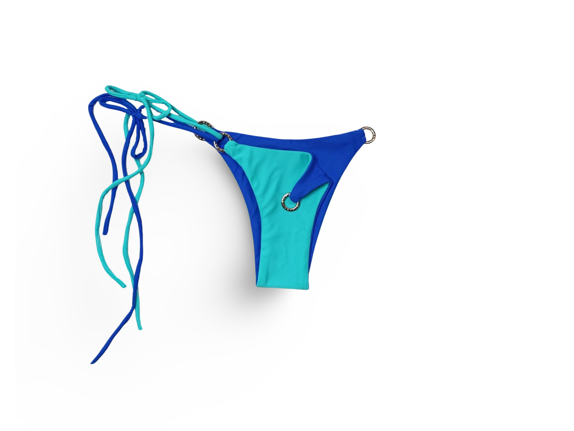 Reversible Brazilian bikini bottom in Berry Breeze by Bikini Flavors.  Aqua reverses to periwinkle blue. Interchangeable ties, signature hardware.  American Made. 