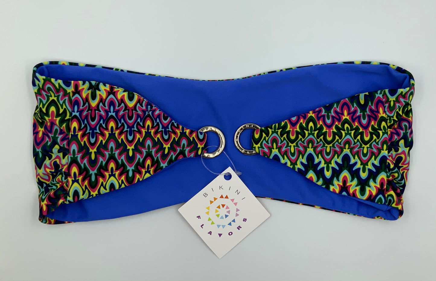 Blue Sapphire Reversible Bandeau Bikini Top by Bikini Flavors.  Periwinkle Blue reverses to colorful print,  Mix and match with Berry Breeze.  American Made. 