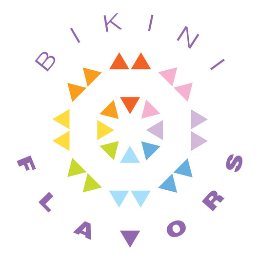 Bikini Flavors logo which consists of colorful triangles in a circle on the outside and colorful triangles on the inside for the logo representing bikinis